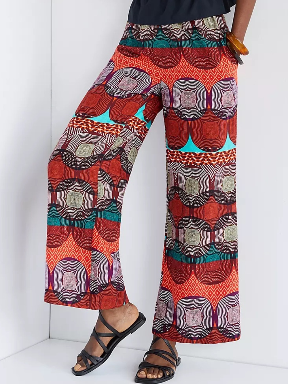 Anthropologie Wide-Leg Palazzo Pants in Red, Teal & Purple Geometric Print